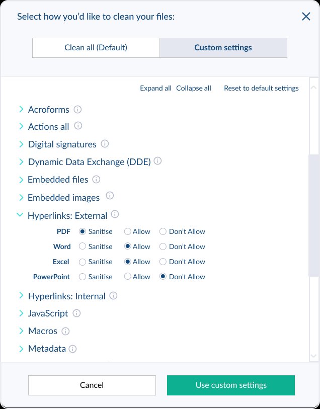 Early wireframe showing an accordion-style policy settings interface with Clean all Default and Custom settings tabs