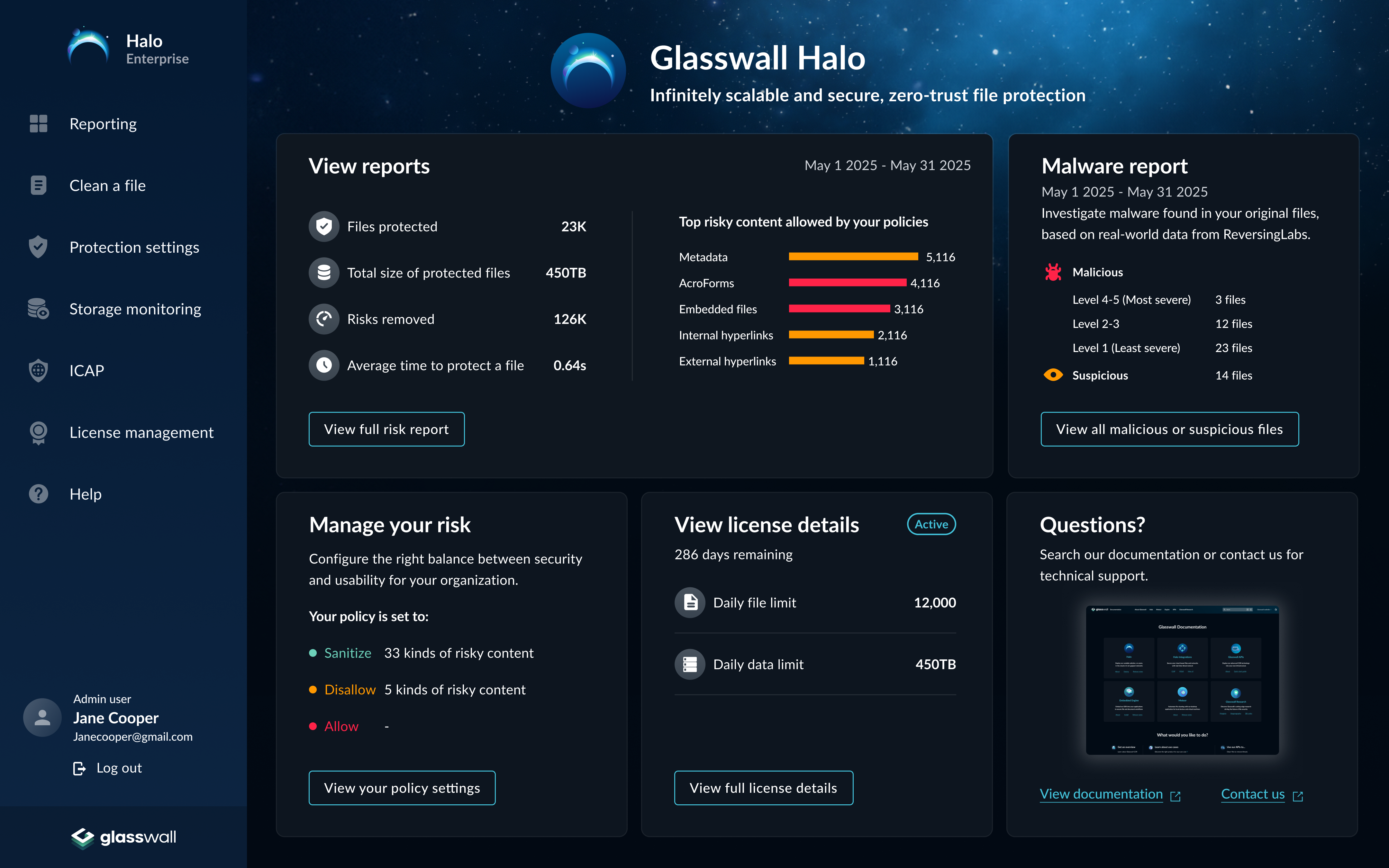 Glasswall Halo dashboard showing reporting, file protection metrics, and policy settings in a dark-themed enterprise UI