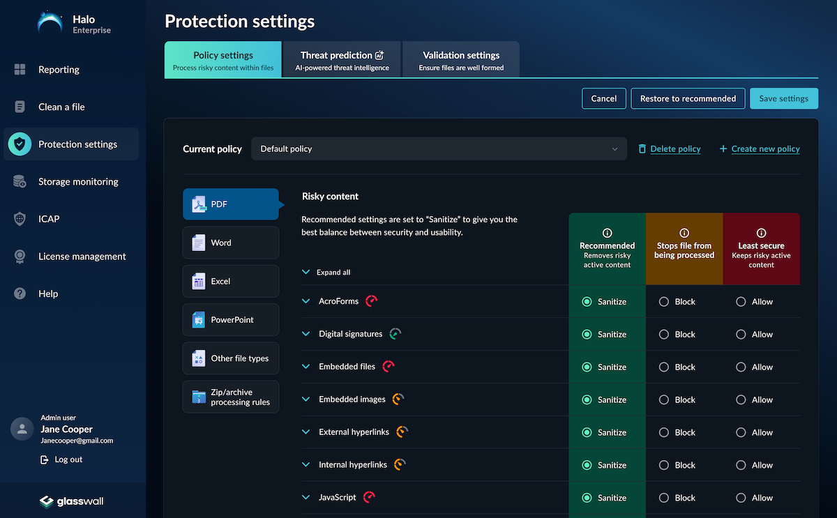 Halo admin policy settings table showing file types with Sanitize, Block, and Allow options in colour-coded columns