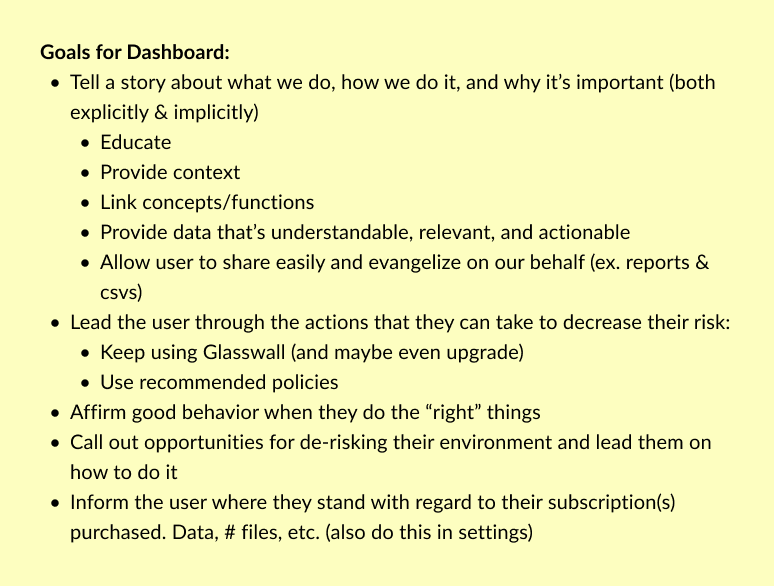 Dashboard strategy document listing goals: educate, provide context, make data actionable, allow easy sharing