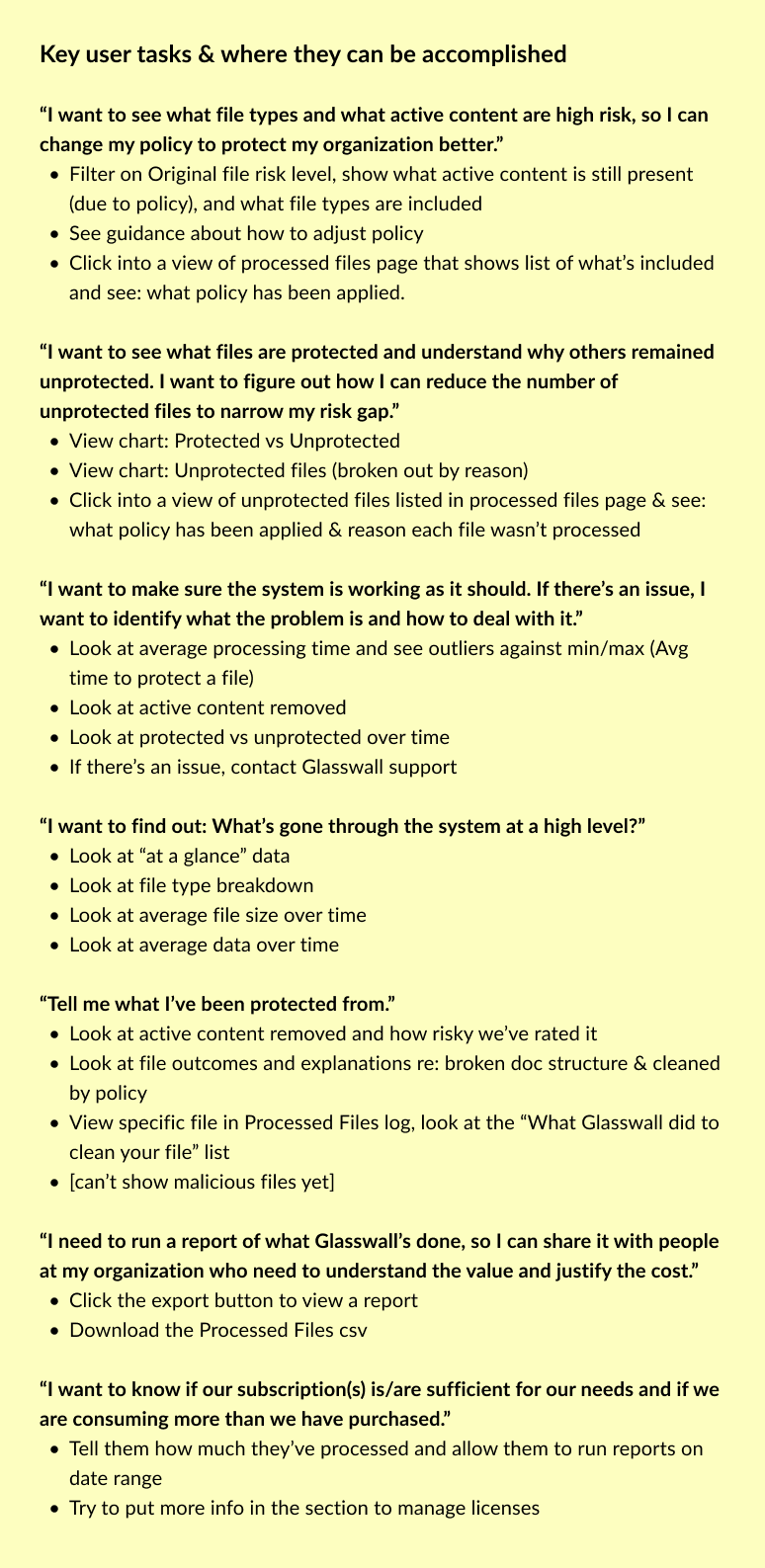 Key user tasks document listing six user goals from understanding file risk to running reports for stakeholders