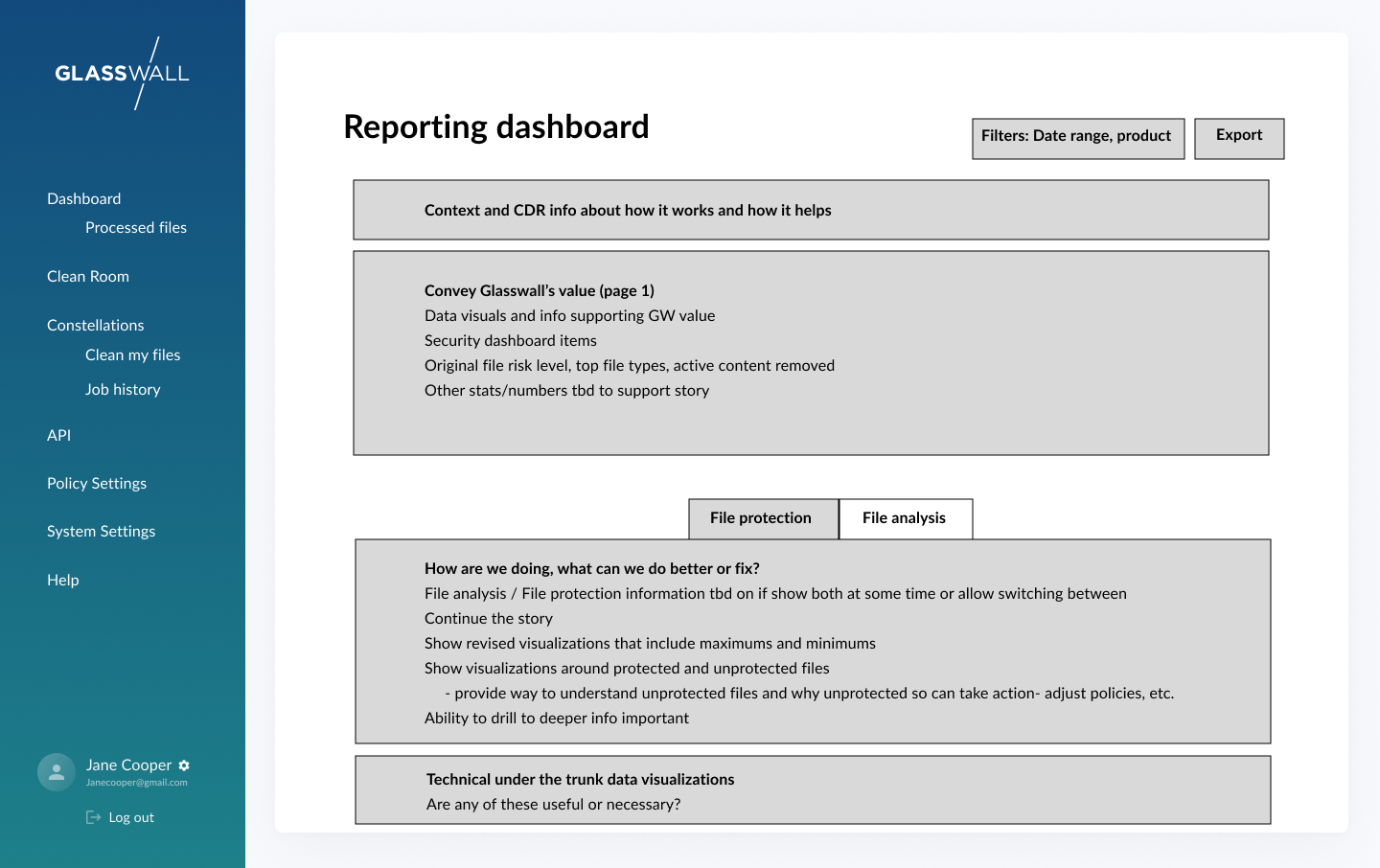 Rough wireframe of reporting dashboard showing placeholder content blocks, tab structure for file protection and file analysis, and export functionality