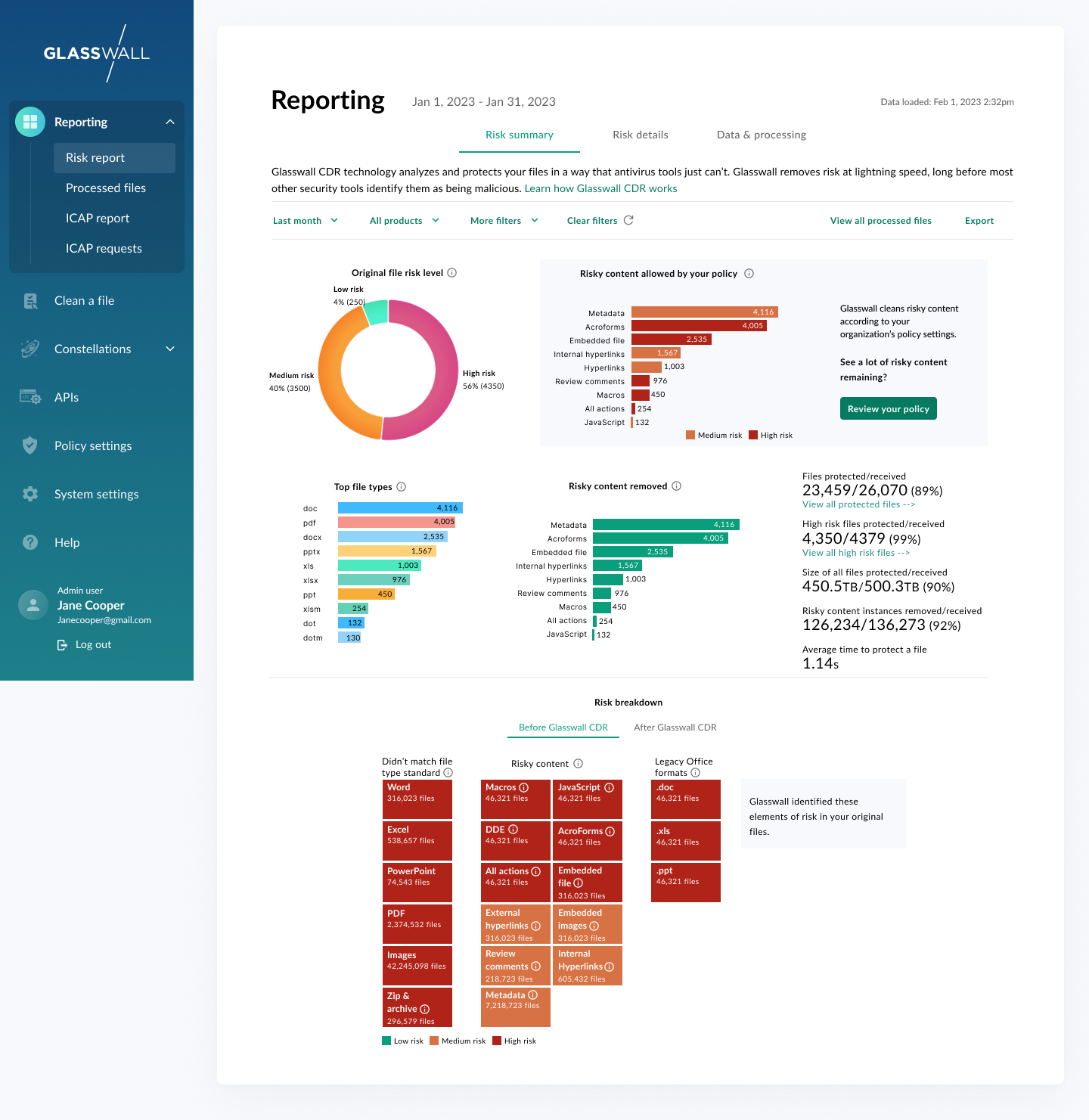 Wireframe version 2, tab 1: Risk summary with donut charts for file risk levels, top file types, and risky content