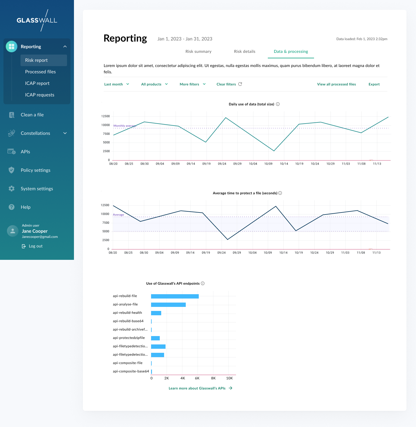 Wireframe version 2, tab 3: Data and processing metrics including file counts and processing performance