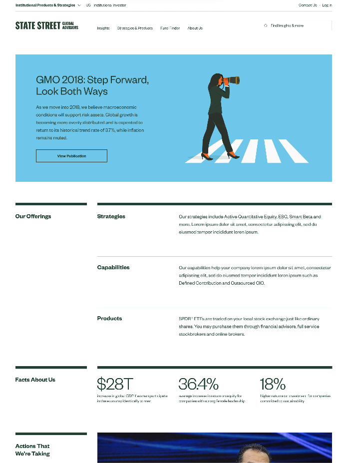 Final institutional site full-width design showing hero banner with Fearless Girl, Our Offerings section with Strategies, Capabilities and Products, and Facts About Us statistics