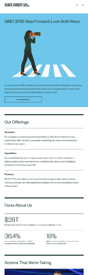 Final institutional site mobile design showing the hero banner, hamburger navigation, and stacked Our Offerings and Facts About Us sections