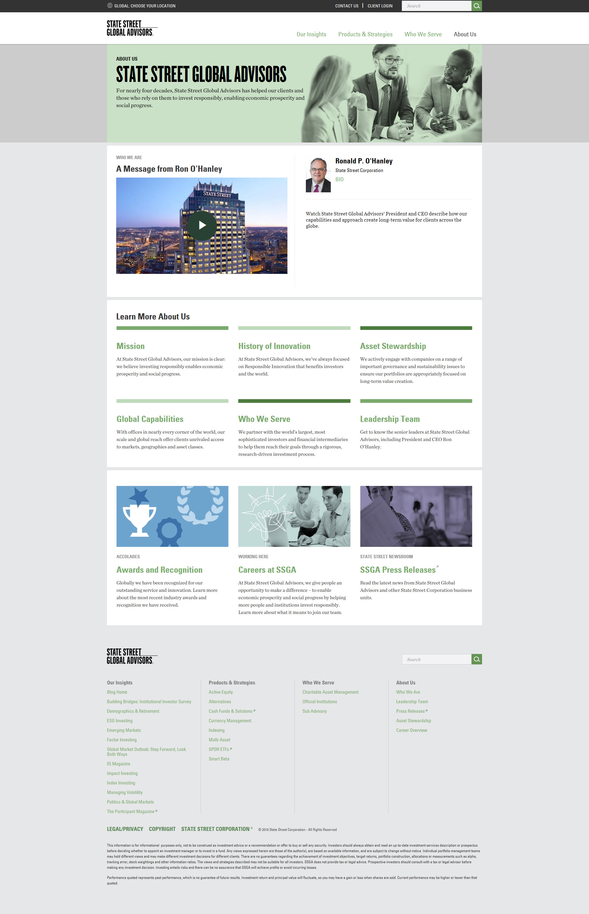 Original SSGA Who We Are about page with leadership message and site section links