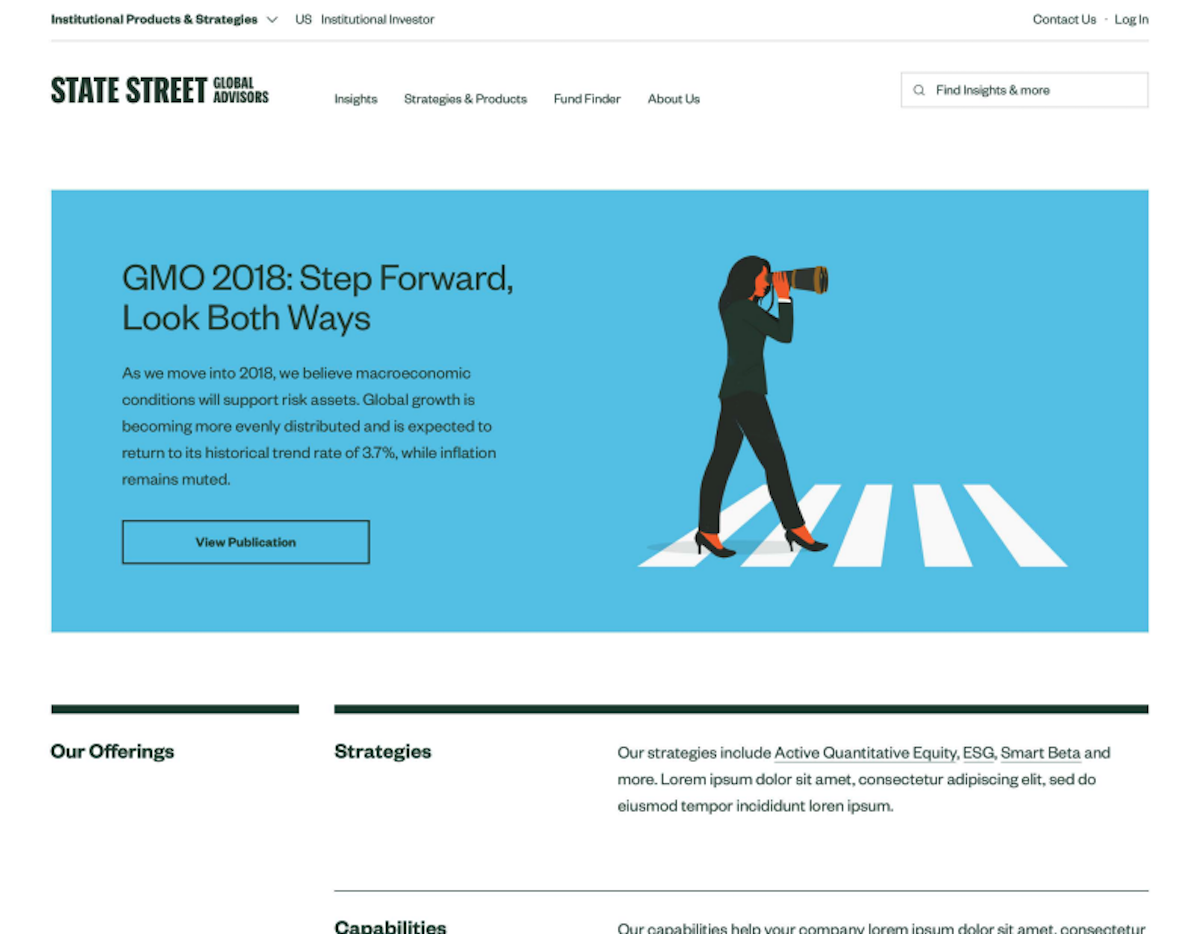 State Street Global Advisors redesigned investor site showing navigation and investment platform content