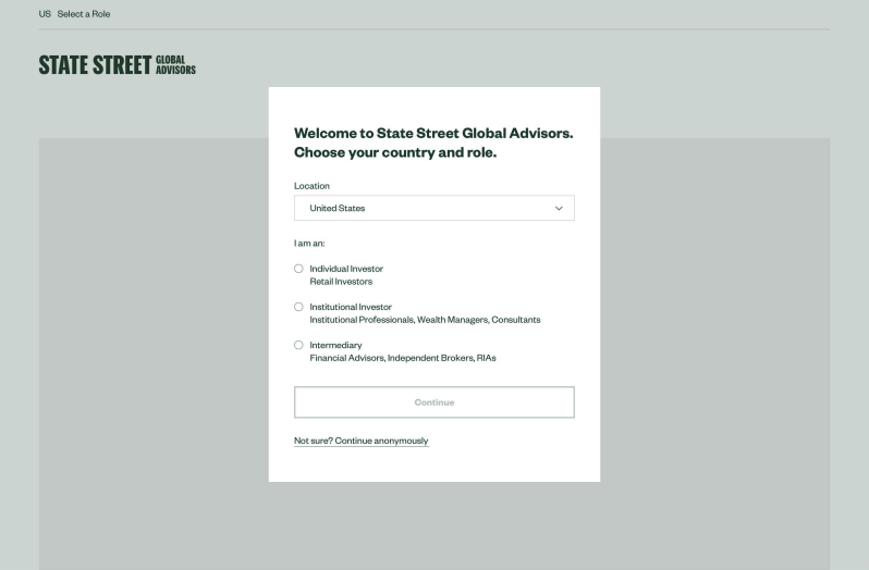Step 1 self-identification wireframe: Welcome modal asking user to choose country and role — Individual Investor, Institutional Investor, or Intermediary